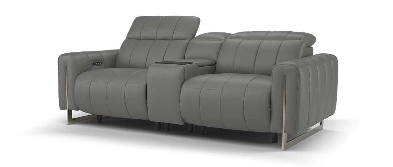 Sofology Paramount Leather 2.5 Seater Console Power Recliner/Headrest Speakers in Trusty Embossed Elephant