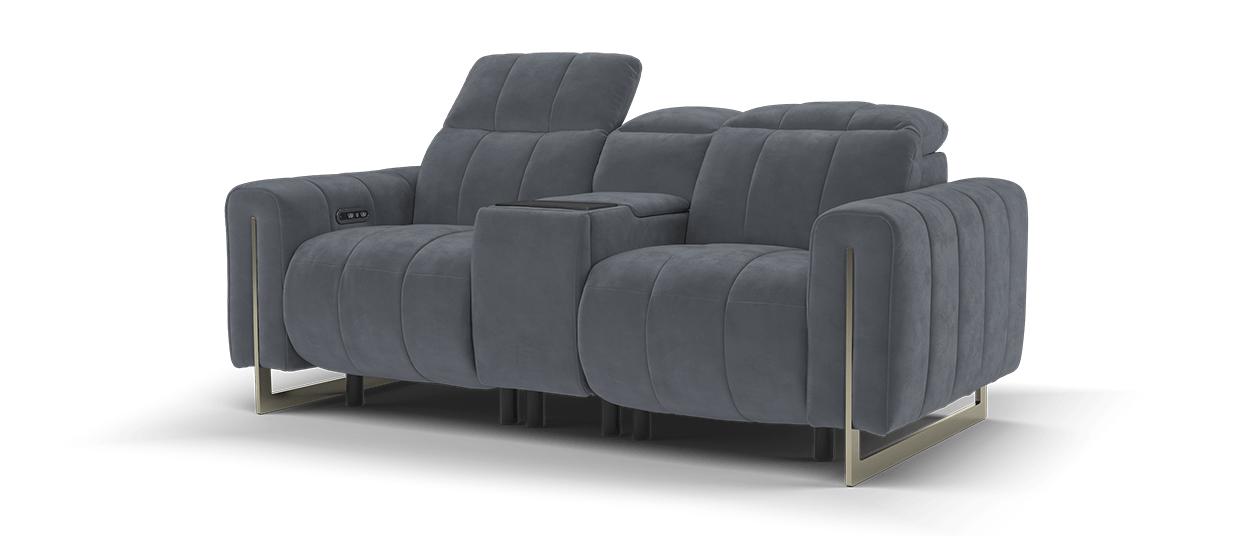 Sofology Paramount Leather 2 Seater Console Power Recliner/Headrest Heated Seats Speakers in Trusty Embossed Charcoal