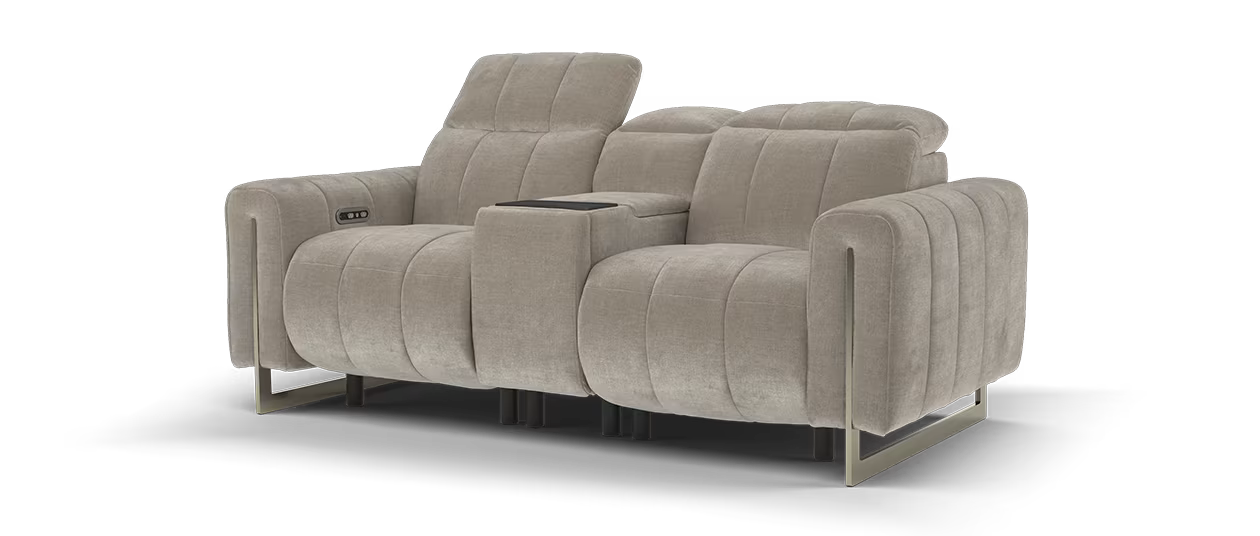 Sofology Paramount Fabric 2 Seater Console Power Recliner/Headrest Heated Seat Speakers in Relaxed Chenille Nutmeg