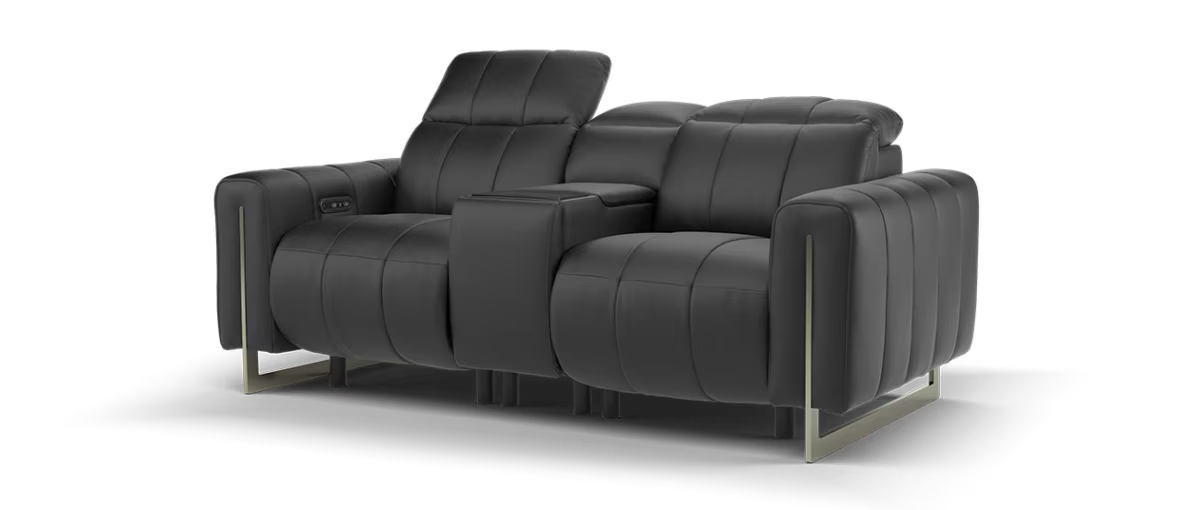 Sofology The Paramount Leather 2 Seater Console Power Recliner/Headrest Heated Seat Speakers in Trusty Embossed Jet Black