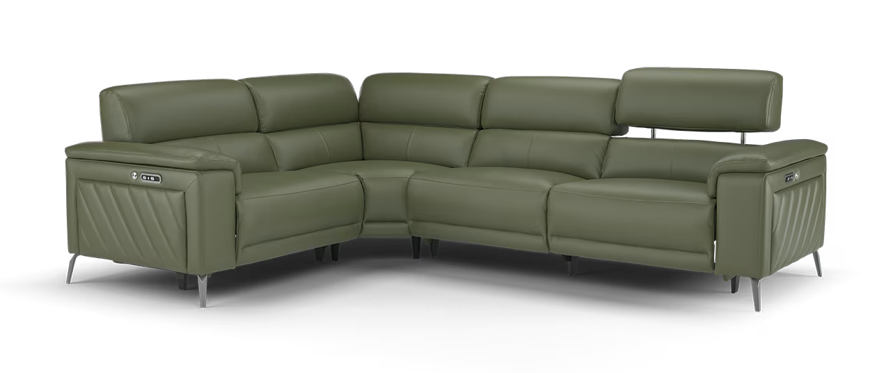 Sofology The Fratelli Leather 1.5 Corner 3 Power Recliner/Headrest in Trusty Embossed Dark Olive