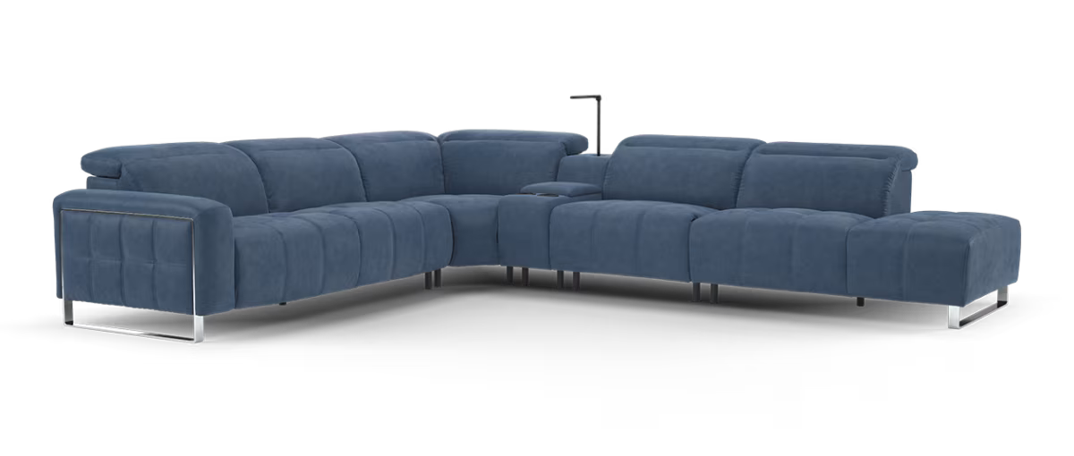 Sofology Marvella Fabric 3 Corner 3 Console Chaise Power Recliner/Headrest Heated Seats in Lifestyle Flecked Navy