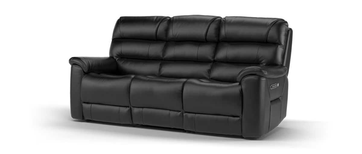 Sofology Cleveland Leather 3 Seater Power Recliner/Headrest Heated Seats Lumbar Support in Trusty Embossed Jet Black
