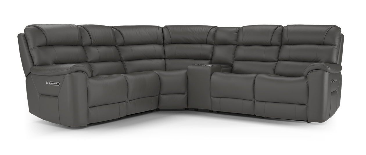Sofology Cleveland Embossed Leather 2 Corner Console 2 Power Recliner/Headrest Heated Seats Lumbar in Trusty Embossed Charcoal