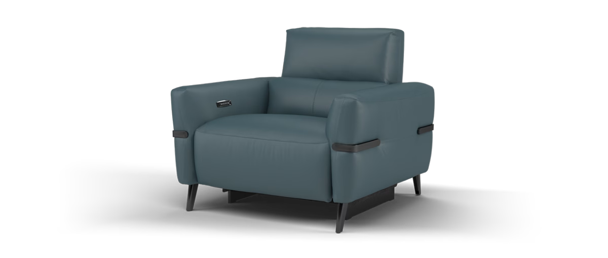 Sofology Arlington Leather Chair Power Recliner/Headrest Lumbar Support in Trusty Matt Steel Blue