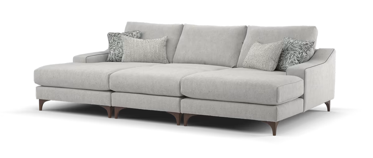 Sofology Wildwood Fabric 4 Seater Double Chaise with Footstool in Soft Sherpa Silver Contrast Piping Mix