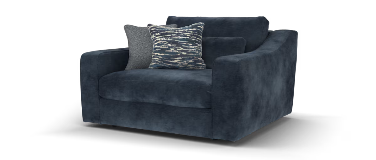 Sofology Bellagio Fabric Loveseat Reversible Extra Flex Interior in Luxury Deep Pile Chenille Denim Mix