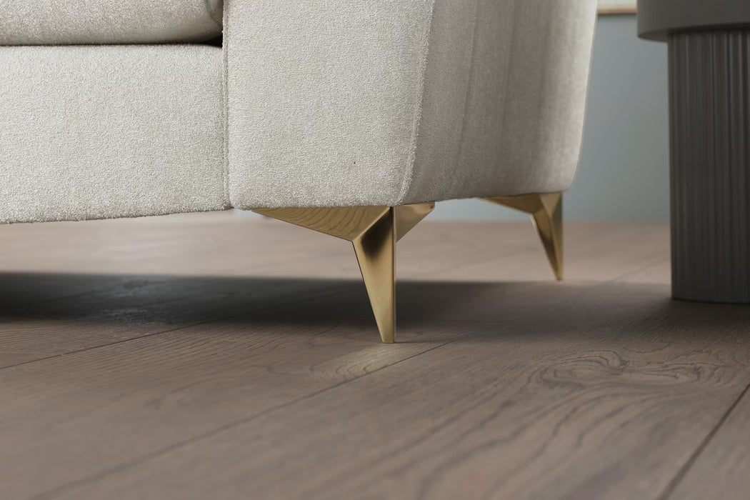 Sofology Luella Grande In Soft Sherpa Natural All Over With Gold Feet & Gold Buttons
