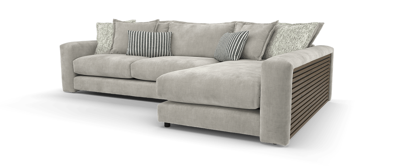 Sofology Cove Fabric Grande Chaise Dark Wood Panel in Soft Chenille Linen Mix
