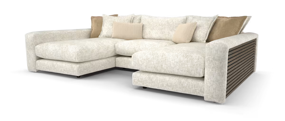 Sofology Cove Fabric Grande Double Chaise Dark Wood Panel in Artisan Chenille Ecru Mix