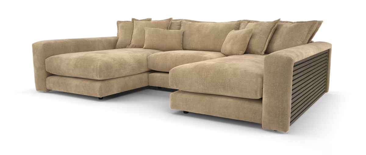 Sofology Cove Fabric Grande Double Chaise Dark Wood Panel in Soft Chenille Caramel