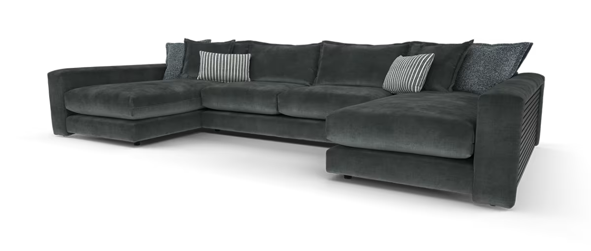 Sofology Cove Fabric Super Grande Double Chaise Black Wood Panel in Soft Chenille Anthracite Mix