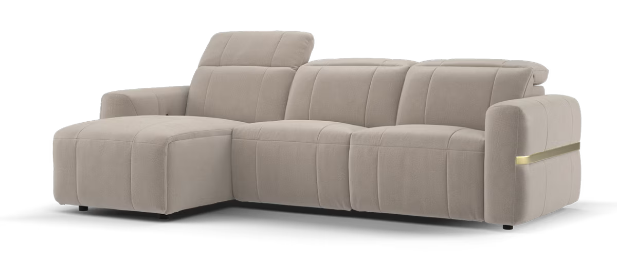 Sofology Lumiere Fabric Chaise 4 Seater Power Recliner/Headrest Gold Trim in Lifestyle Flecked Nutmeg