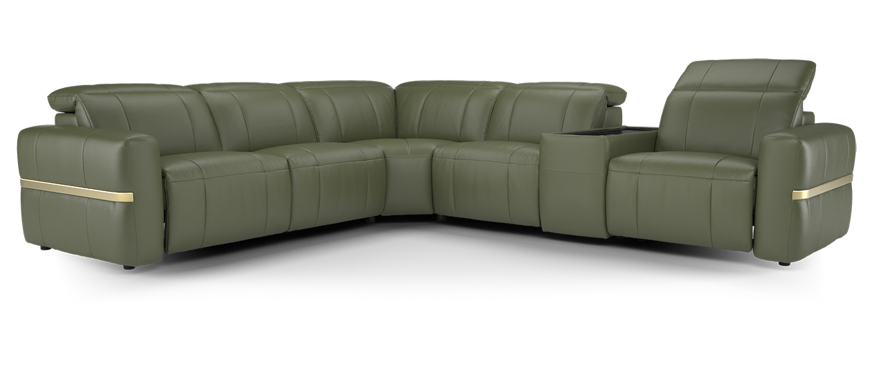 Sofology Lumiere 3 Corner Console 3 Power Recliner Power Headrest in Trusty Embossed Leather Dark Olive