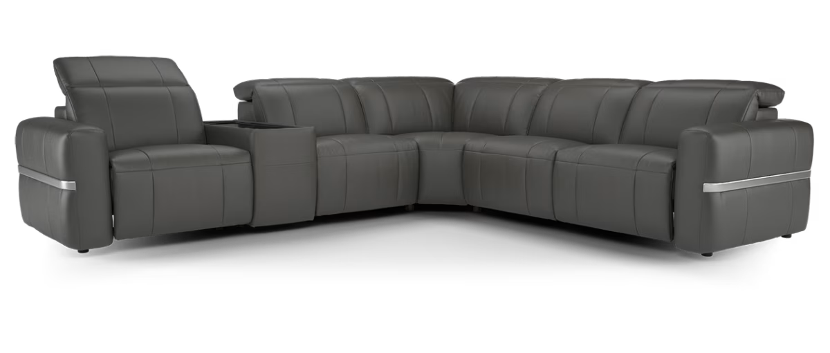 Sofology Lumiere Leather 3 Console Corner 3 Power Recliner/Headrest in Trusty Embossed Charcoal