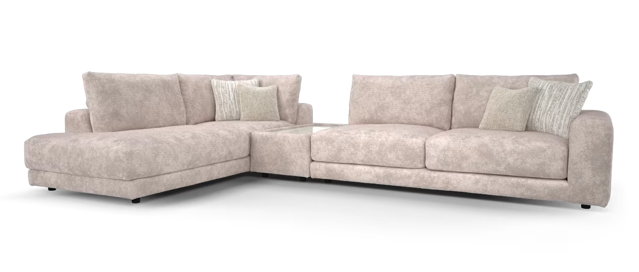 Sofology Amalfi Fabric Chaise 1 Corner Console 3 in Micro Flecked Boucle + Glass Table Pebble Mix