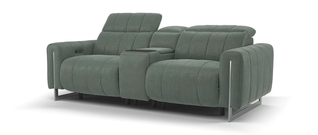 Sofology Paramount Fabric 2.5 Seater Console Power Recliner/Headrest Speakers in Lifestyle Flecked Mineral Green