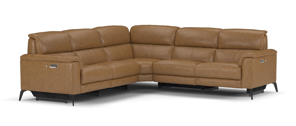 Sofology Illinois 2 Corner 2 Power Recliner and Headrest in Relaxed Soft Leather Tan