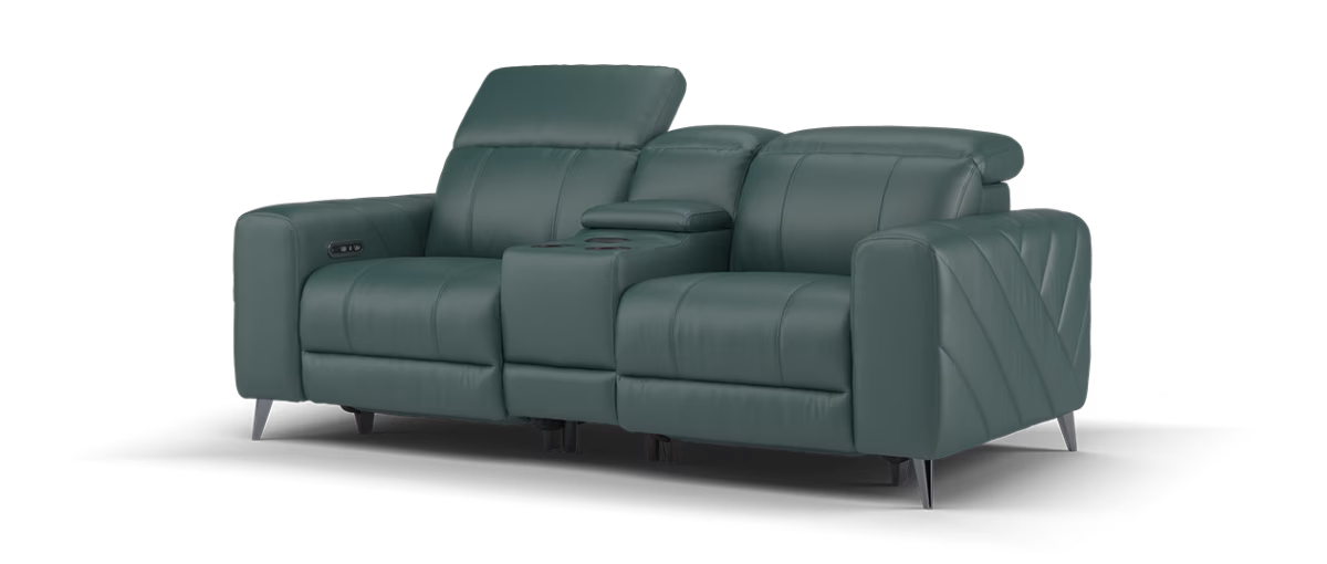 Sofology Allure Leather 2 Seater Smart Console Power Recliner/Headrest in Trusty Embossed Peacock