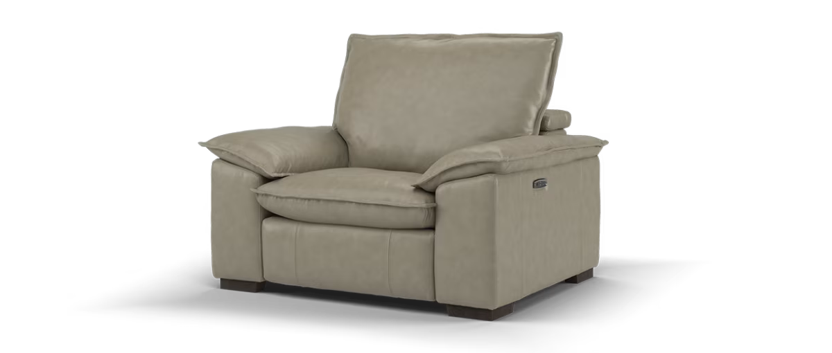 Sofology Embrace Leather Chair Power Recliner/Headrest in Relaxed Soft Stone