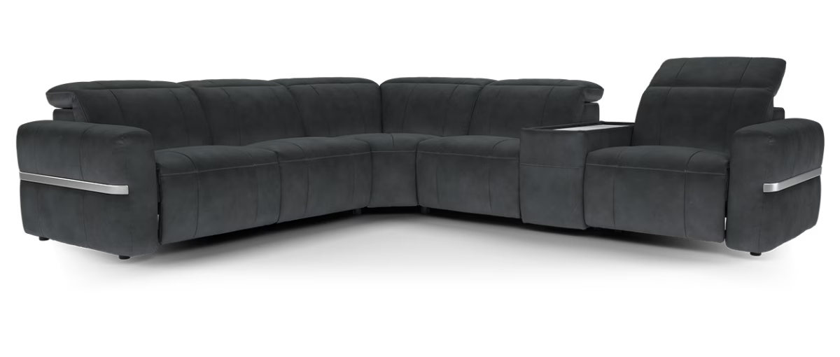 Sofology Lumiere Fabric 3 Corner Console 3 Power Triple Recliner/Headrest Gunmetal Trim Light Marble Console in Lifestyle Flecked Anthracite
