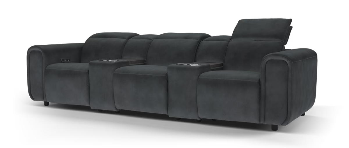 Sofology Premiere Fabric 3 Seater Compact Cinema Sofa Smart Consoles Power Recliner/Headrest x 3 in Lifestyle Flecked Anthracite