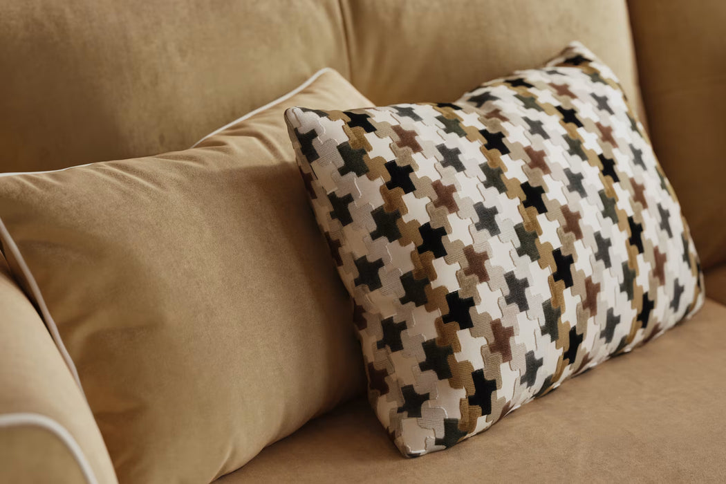 Sofology Remy Fabric 4 Seater in Super Matt Velvet Caramel Mix With Natural Contrast Piping