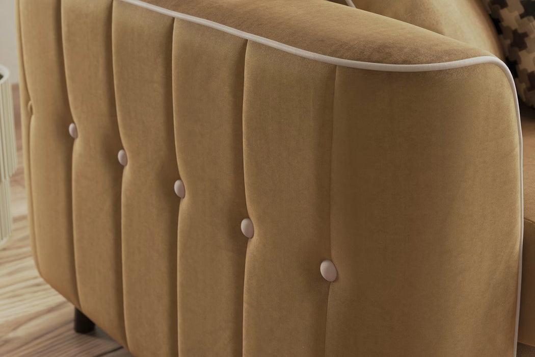 Sofology Remy Fabric 4 Seater in Super Matt Velvet Caramel Mix With Natural Contrast Piping