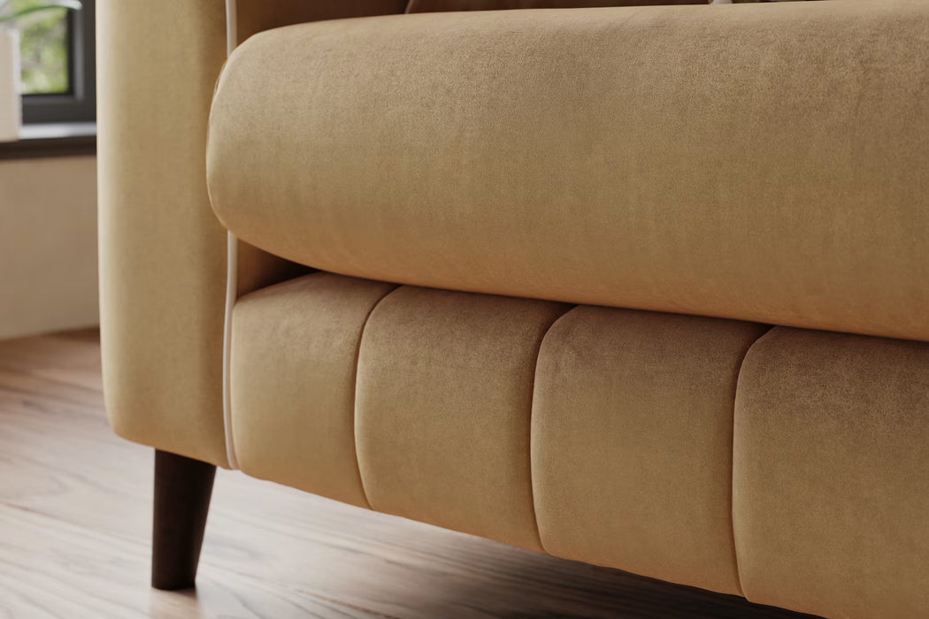 Sofology Remy Fabric 4 Seater in Super Matt Velvet Caramel Mix With Natural Contrast Piping