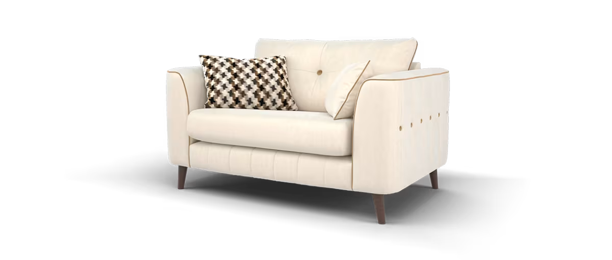 Sofology Remy Fabric Loveseat in Super Matt Velvet Ecru Mix With Caramel Contrast Piping