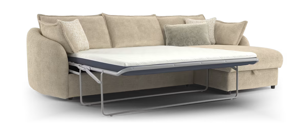 Sofology Portobello Fabric 3 Seater Chaise Sofabed Foam Seats Storage Hybrid Pocket Mattress in Teddy Chenille Natural Mix