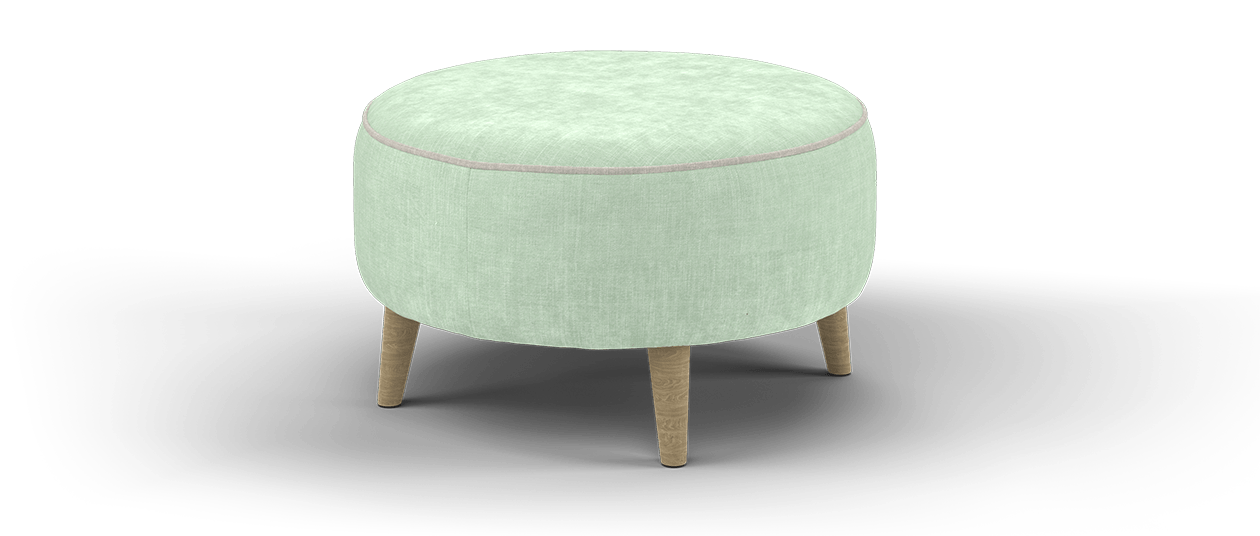 Sofology Remy Fabric Round Designer Footstool in Soft Chenille Mint All Over With Natural Contrast Piping
