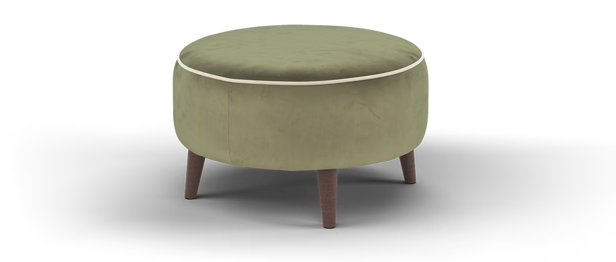 Sofology Remy Designer Round Footstool in Velvet Moss All Over With Cream Contrast Piping