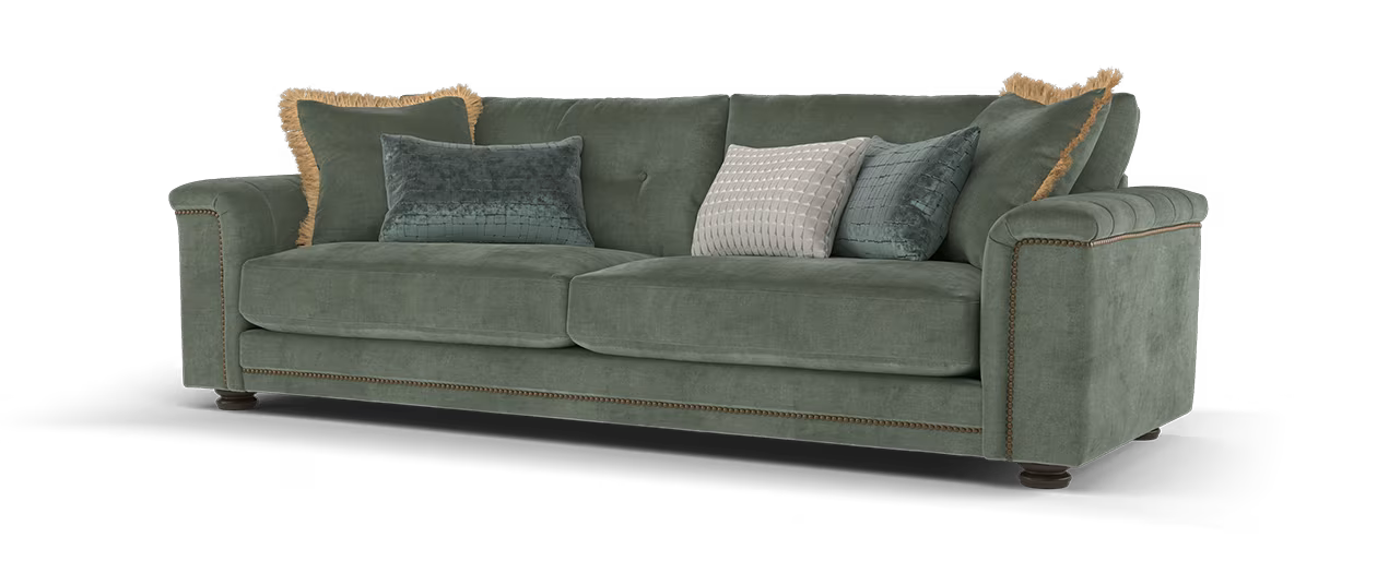 Sofology Regency Fabric 4 Seater Foam Seats with Studs in Fine Textured Chenille Grey Sage Mix