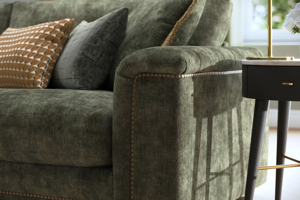 Sofology Regency Fabric 4 Seater Foam Seats with Studs in Luxe Chenille Olive Mix