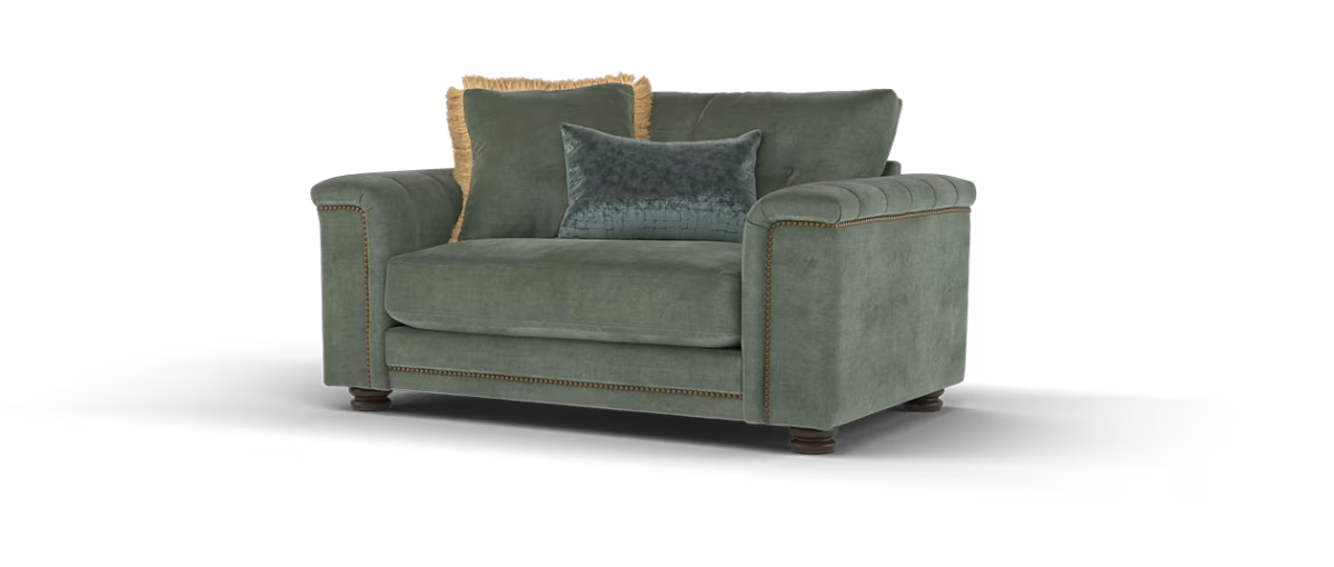 Sofology Regency Fabric Loveseat Foam Seat with Studs in Fine Textured Chenille Grey Sage Mix
