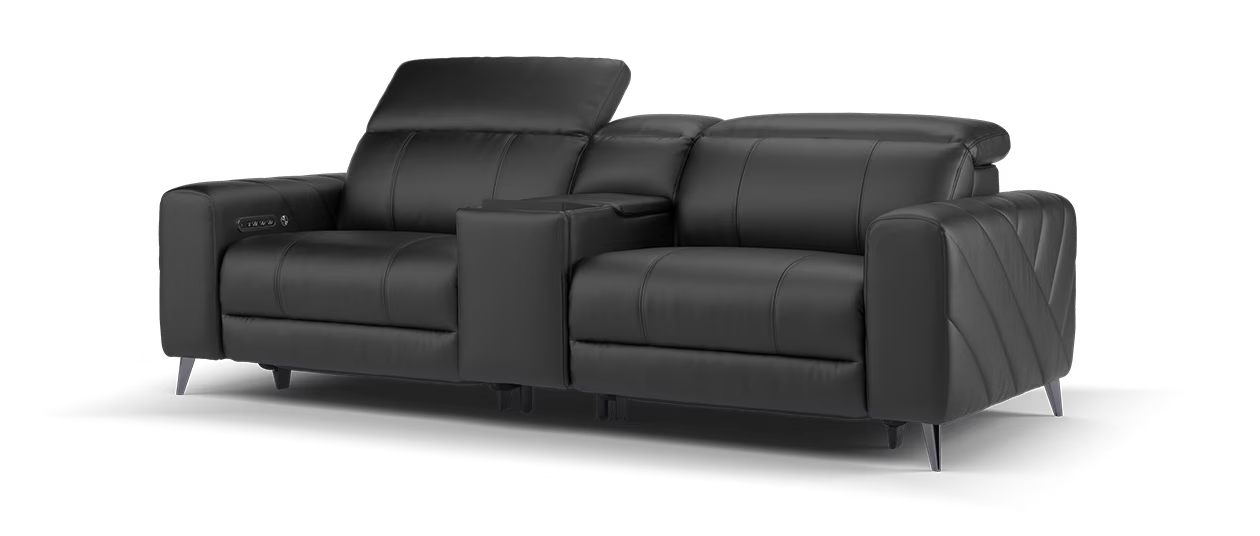 Sofology Allure Leather 2.5 Seater Screen Console Power Recliner/Headrest Heated Seats Lumbar Speakers in Trusty Embossed Jet Black