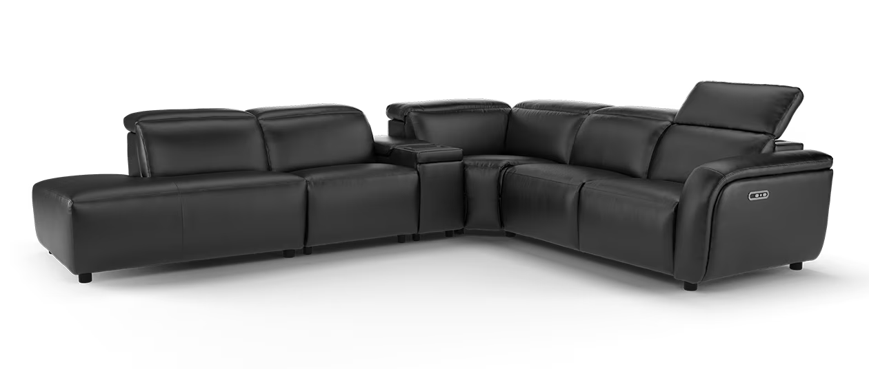 Sofology Drift 3 Chaise Console Corner 3 Power Recliner And Headrest inTrusty Embossed Leather Jet Black