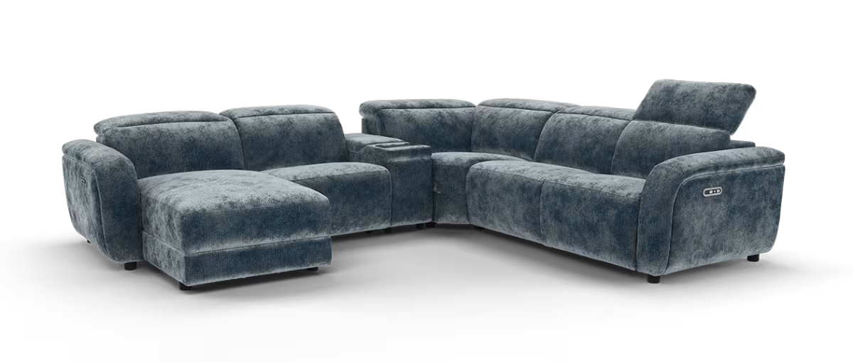 Sofology Drift Power Chaise 3 Corner 3, Power Recliner/Headrest & Console  in Luxury Textured Chenille Lagoon