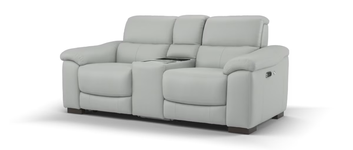 Sofology Elevate Leather 2 Seater Screen Console Power Recliner/Headrest Heated Seats Lumbar Support Speakers in Trusty Matt Light Grey