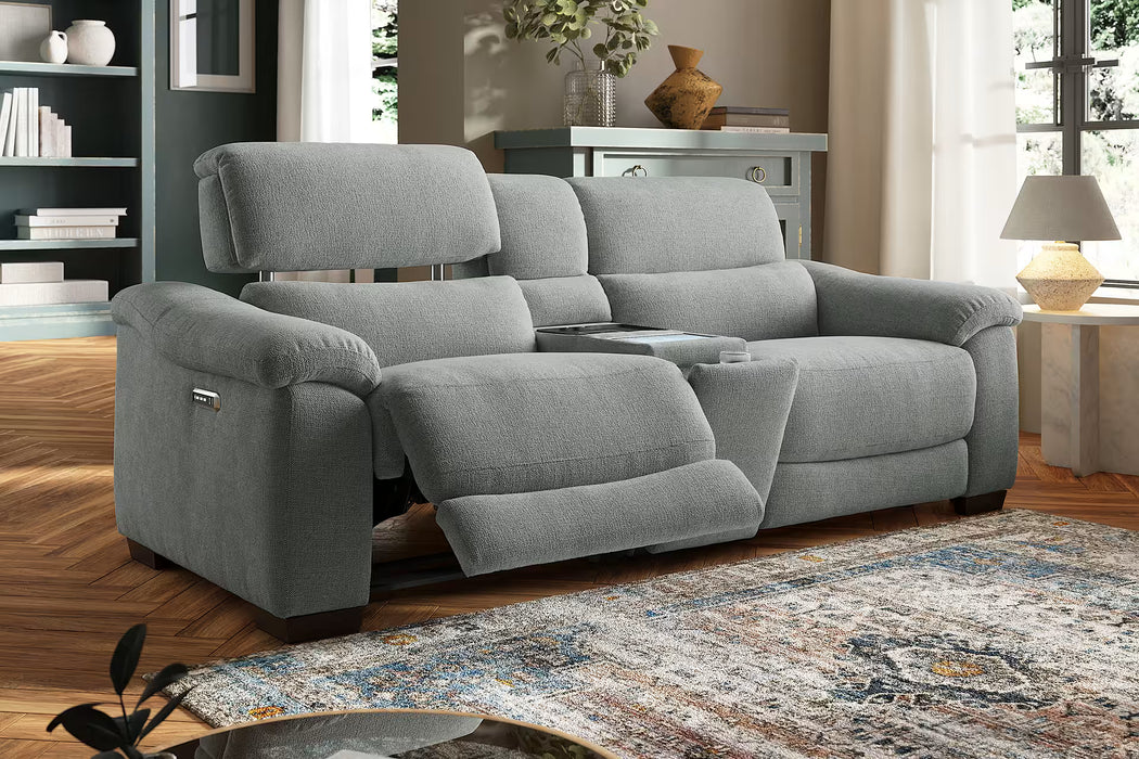 Sofology Elevate Fabric 2.5 Seater Screen Console Power Recliner/Headrest Heated Seats Lumbar Support Speakers in Chunky Linen Look Chenille Grey