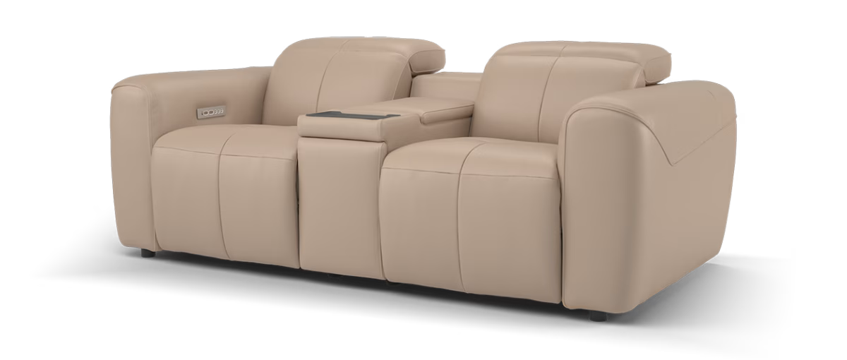 Sofology Riviera Leather 2 Seater Console Power Recliner/Headrest in Trusty Embossed Mushroom