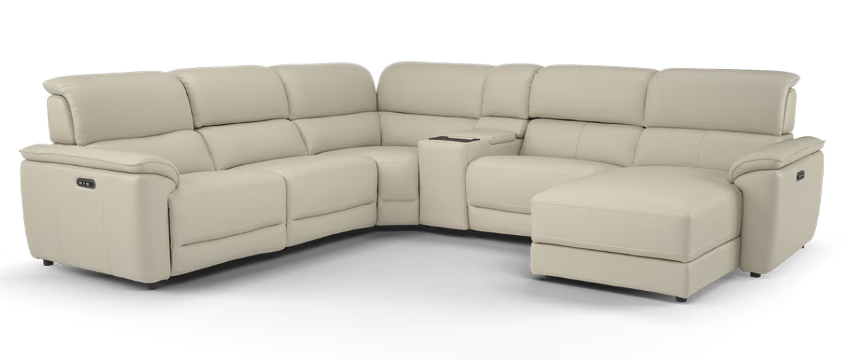 Sofology Hugo Leather 3 Corner Console 3 Power Chaise Power Recliner/Headrest in Trusty Embossed  Stone
