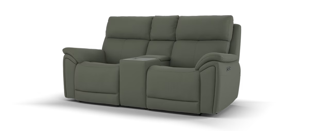 Sofology Atlanta Leather 2 Seater Console Power Recliner/Headrest in Trusty Soft Matt Dark Olive