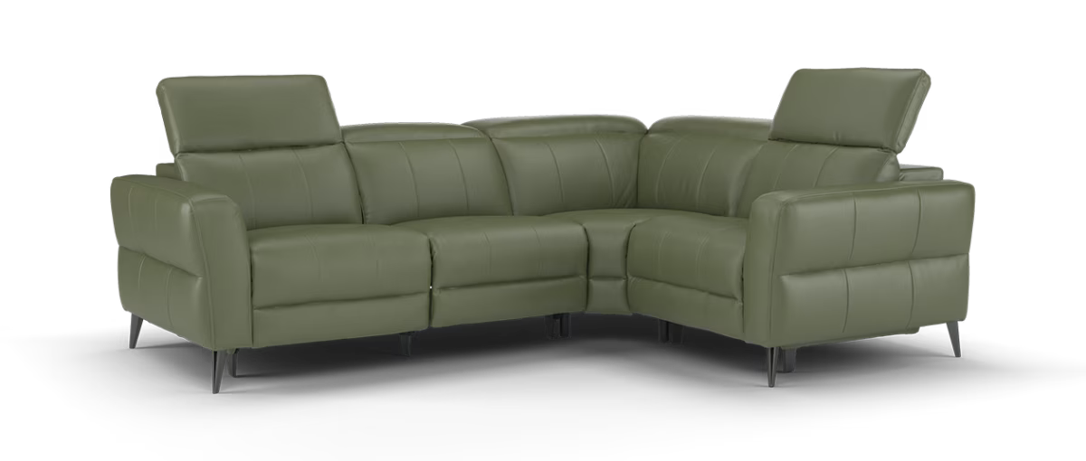 Sofology Jax Leather 3 Corner 1.5 Power Recliner/Headrest Heated Seats Lumbar Support in Trusty Embossed Dark Olive