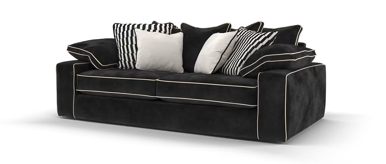 Sofology Atelier 3 Seater Pillow Back in Chenille Ebony Mix With Pearl Contrast Piping