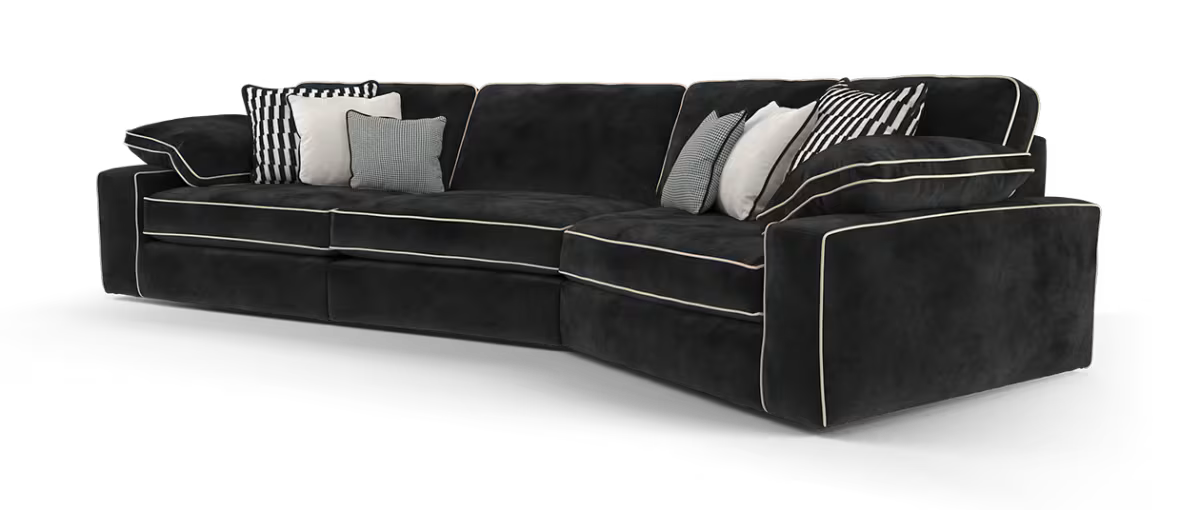 Sofology Atelier 4 Seater Full Back Asymmetrical in soft chenille ebony mix with pearl contrast piping