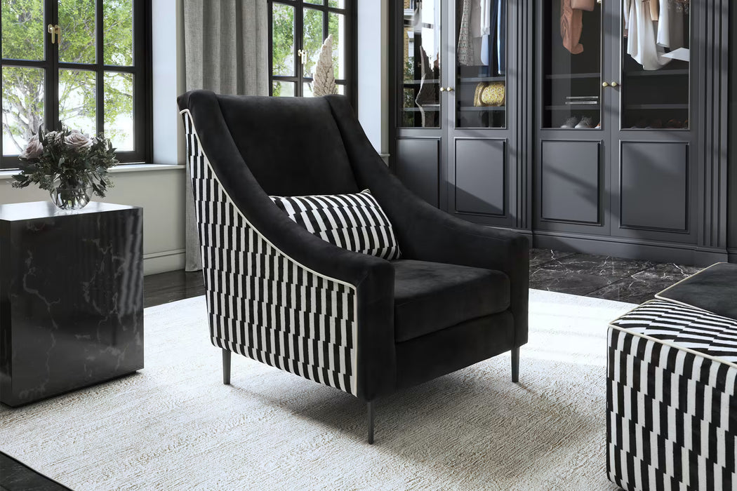 Sofology Atelier Fabric Accent Chair in Soft Chenille Ebony Broken Stripe Designer Monochrome