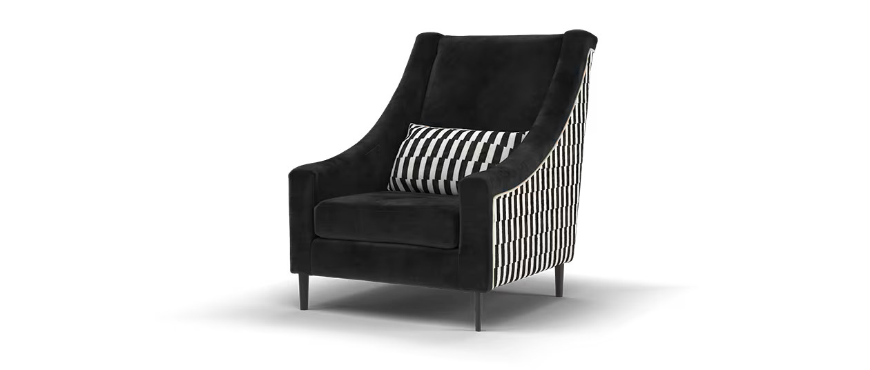 Sofology Atelier Fabric Accent Chair in Soft Chenille Ebony Broken Stripe Designer Monochrome