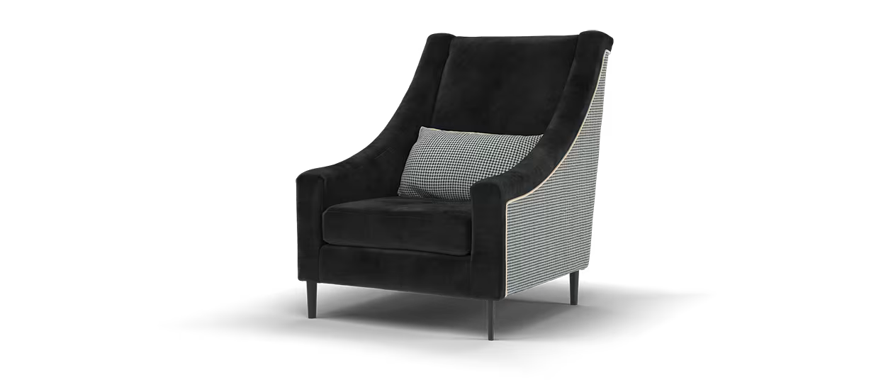 Sofology Atelier Fabric Accent Chair in Soft Chenille Ebony/Houndstooth Designer Fabric Monochrome